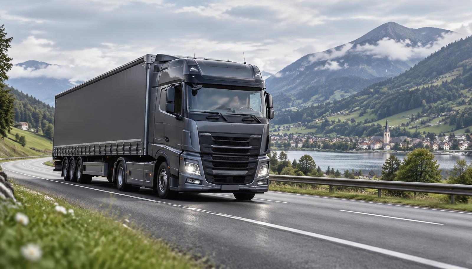 A truck travelling through the mountains